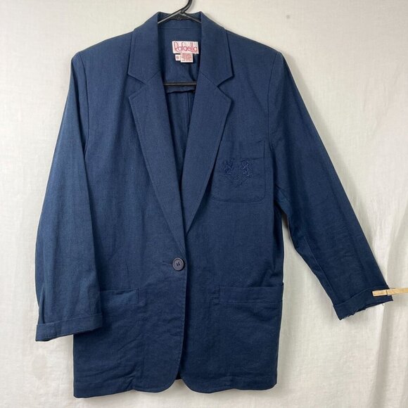 Rafaella Linen Cotton Navy Blue Blazer Womens 10 Crest Pocket Preppy Academia - Picture 1 of 10